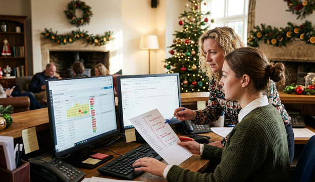 Venue staff using event booking software to manage Christmas bookings, track deposits, and coordinate festive event reservations.