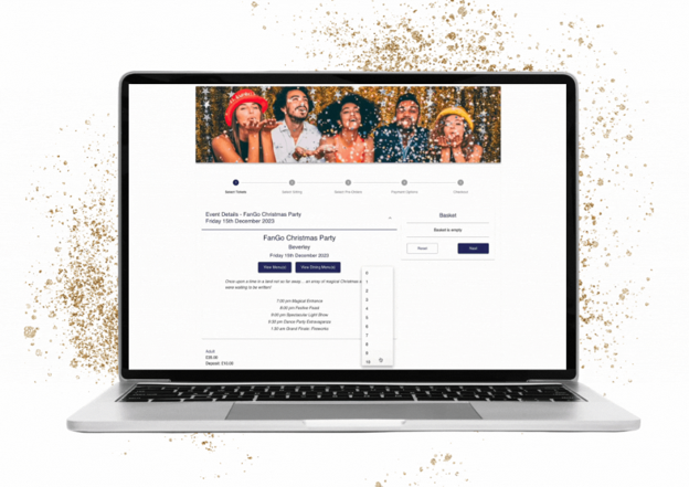 Laptop displaying digital booking software for managing a Christmas event, including guest bookings, payments, and event scheduling.
