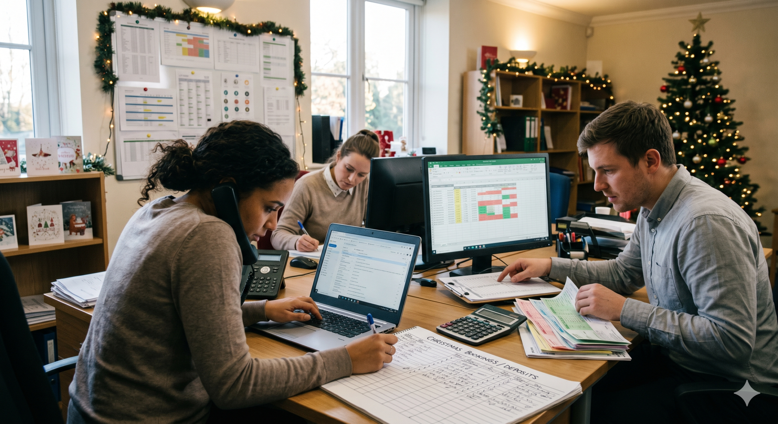 Busy hotel administrative team working as a christmas party event organiser, managing seasonal bookings on laptops and spreadsheets in a festively decorated office.